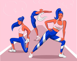 Set of young adult women doing sports