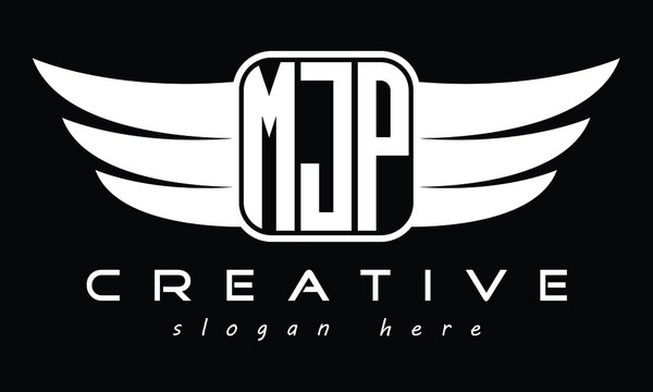 MJP three Letter Wings Flying Initial wing symbol minimalist creative concept flag icon professional logo design Vector template with abstract black and white tattoo