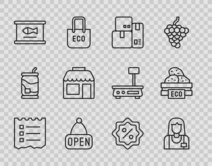 Set line Shopping list, Seller, Cash register machine, Hanging sign with Open, Canned fish, Market store, Discount percent tag and Wooden box for fruits icon. Vector