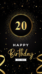 20th Birthday celebration with gold circle frames, ribbons, stars, and gold confetti glitter. Premium design for brochure, poster, leaflet, greeting card, birthday invitation, and Celebration events. 