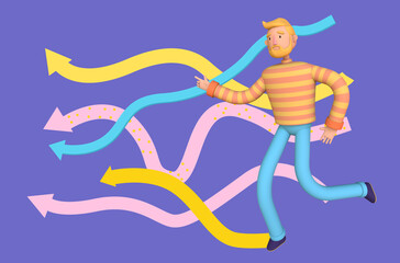 Bearded hipster in striped pullover running to his goal following the arrows. Career success, startup concept. Trendy 3d illustration.