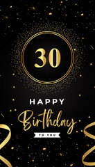30th Birthday celebration with gold circle frames, ribbons, stars, and gold confetti glitter. Premium design for brochure, poster, leaflet, greeting card, birthday invitation, and Celebration events. 