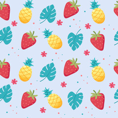 Sweet fruit pattern. Cute colorful  strawberry, pineapple, leaves and flowers. Vector illustration