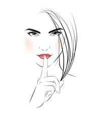 Sexy girl making a quiet gesture. vector illustration isolated cartoon hand drawn. Line art.
