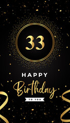 33th Birthday celebration with gold circle frames, ribbons, stars, and gold confetti glitter. Premium design for brochure, poster, leaflet, greeting card, birthday invitation, and Celebration events. 