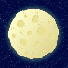 Full yellow moon with a grainy texture with a soft glow in cartoon style