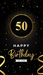 50th Birthday celebration with gold circle frames, ribbons, stars, and gold confetti glitter. Premium design for brochure, poster, leaflet, greeting card, birthday invitation, and Celebration events. 