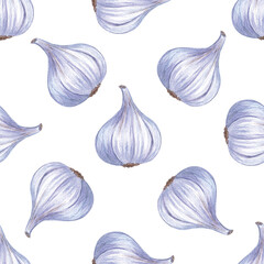 Watercolor garlic seamless pattern on white background