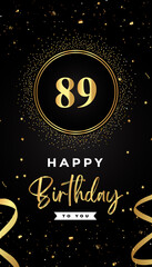 89th Birthday celebration with gold circle frames, ribbons, stars, and gold confetti glitter. Premium design for brochure, poster, leaflet, greeting card, birthday invitation, and Celebration events. 