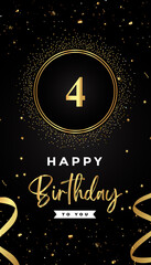 4th Birthday celebration with gold circle frames, ribbons, stars, and gold confetti glitter. Premium design for brochure, poster, leaflet, greeting card, birthday invitation, and Celebration events. 