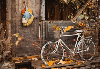 Abwaschbare Fototapete Fahrrad Vintage bicycle leaning on wooden wall of old atmospheric country house on beautiful autumn day