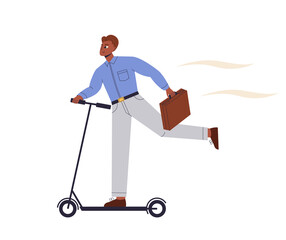Businessman with Bag Hurry Up riding electric scooter. Business person running, hurrying, late in Office. Eco transport. Ambitious man employee aspiring, achieving goal. Flat vector illustration
