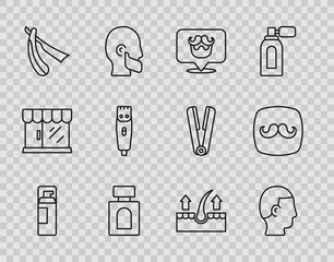 Set line Shaving gel foam, Hairstyle for men, Barbershop, Aftershave, Straight razor, clipper, Human hair follicle and icon. Vector