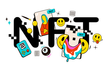 NFT, interchangeable tokens and digital items with cryptographic art for sale on the Internet market and blockchain technology, flat vector illustration