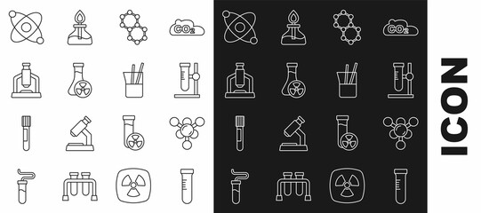 Set line Test tube, Molecule, flask on stand, with toxic liquid, Microscope, Atom and Laboratory glassware icon. Vector