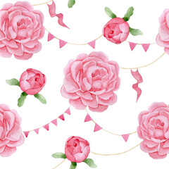 Watercolor seamless pattern with pink rose flowers, peony and cute holiday flags. children's print for girls with pink flowers on a white background.