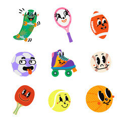 Vector colorful Illustration set Sport Equipments with smily face isolated on white background. Funny comic book characters. For your design of wallpaper, t-shirt print, graphic print