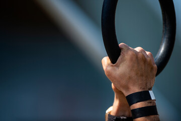 Athlete using gymnastics rings. Horizontal sport theme poster, greeting cards, headers, website and app