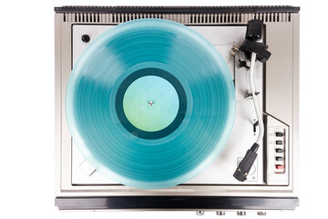 Vintage turntable record player with turquoise vinyl