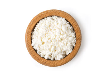 Сottage cheese in wooden bowl on white background