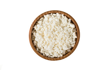 Fresh Сottage cheese in wooden bowl