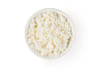 Сottage cheese in wooden bowl on white background