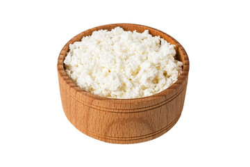 Fresh Сottage cheese in wooden bowl