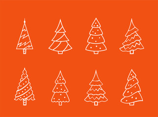 Collection of Christmas trees with outline. Vector set of flat Christmas trees for the holiday. Christmas trees for print and web design isolated on red background