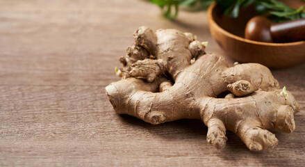 Ginger root and mortar on the wooden table background with copy space                        
