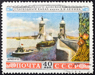 USSR around 1953. On postage stamp printed in the USSR Volga-Don Canal V.I. Lenin, circa 1953