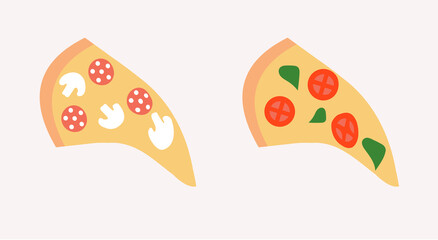 Tasty pizza set isolated. Pizza with mushrooms, tomatoes, sausages. Flat vector illustration. Fast food, junk food, snack, pizza delivery, takeaway, street food, lunch meal, Unhealthy Nutrition 