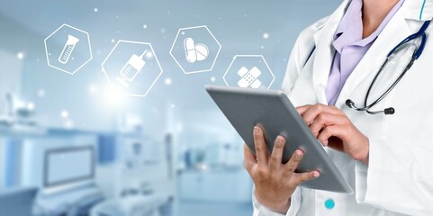 Doctor working on mobile smart phone with pharmacy icons. Online medical concept