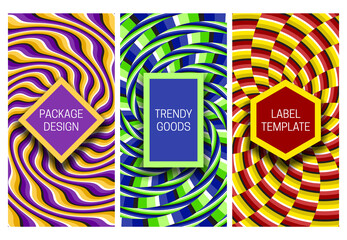 Set of packaging design with optical illusion backgrounds. Dynamic striped backdrop with frames for text.
