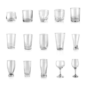 Set of empty glass of water isolated on white background