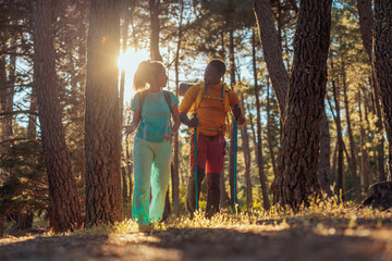 Fototapeta premium Hikers walking in wood in early morning