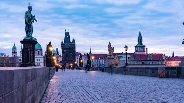 Prague and Charles bridge Day to Night Time Lapse, Czech Republic