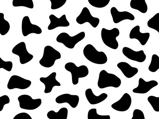 Abstract random black shapes seamless pattern. Cow animal skin wallpaper. Hand drawn spots backdrop. Abstract circular elements texture. Vector illustration isolated on white.
