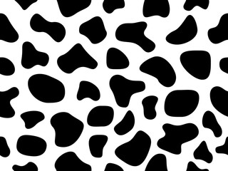 Plakat Abstract random black shapes seamless pattern. Cow animal skin wallpaper. Hand drawn spots backdrop. Abstract circular elements texture. Vector illustration isolated on white.