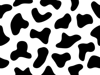 Fototapeta na wymiar Abstract random black shapes seamless pattern. Cow animal skin wallpaper. Hand drawn spots backdrop. Abstract circular elements texture. Vector illustration isolated on white.