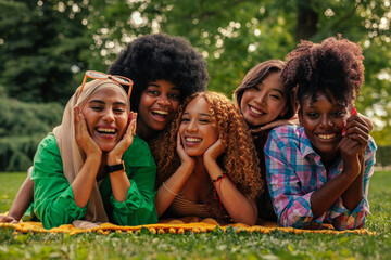 Girls on picnic posing on grass