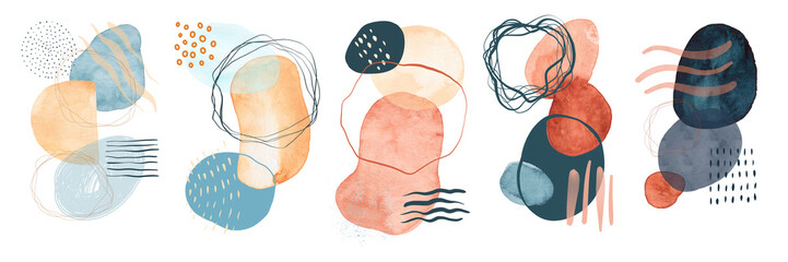 Abstract art set. Watercolor spots, scribbles, curved lines, waves. Blobs of paint. Figures with irregular shapes. Hand drawn. Modern background.