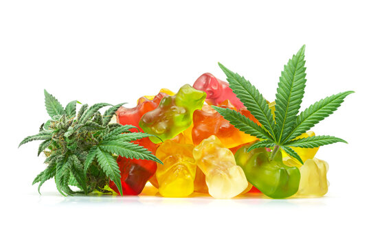 Medical Cannabis Infused Fruit Flavored CBD Gummy Bears with Marijuana Leaf and Hemp Bud Isolated on White Background