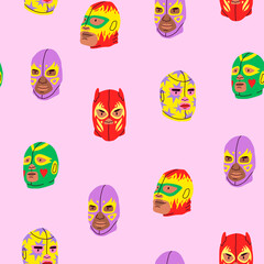 Various Lucha libre masks. Luchador colorful head set. Traditional Mexican wrestling masks. Luchadores Heroes. Hand drawn modern Vector illustration. Square seamless Pattern. Cartoon style