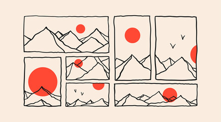 Outline Mountains, red round sun or moon. Various landscapes set. Abstract modern design. Hand drawn trendy Vector illustrations. Different patterns. Poster, print template 