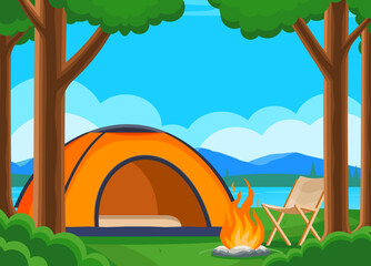 camping in the forest with orange tent, bonfire and wooden chair. Concept of travel, hiking and activity vacation. Vector banner with cartoon landscape with trees, campsite and mountains on background