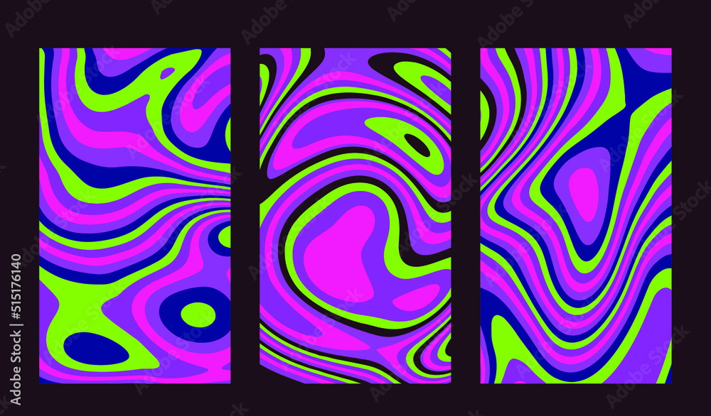 Poster Set of hippie retro posters with melting and distorting shapes.