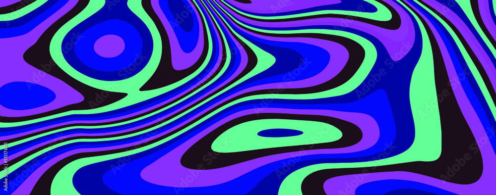 Poster op-art psychedelic background with distorted and wavy lines and curves. the 60s and 70s hippie style