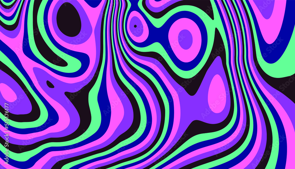 Poster op-art psychedelic background with distorted and wavy lines and curves. the 60s and 70s hippie style