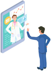 Mobile app for consultations with doctor and diagnosis. Online medical treatment, diagnostics, pharmacy prescription. Man uses program for health analytics, looking at medical application interface