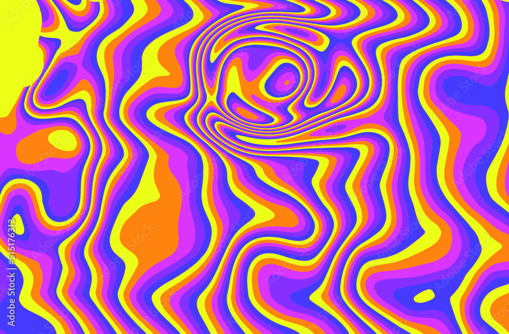 Poster op-art psychedelic background with distorted and wavy lines and curves. the 60s and 70s hippie style